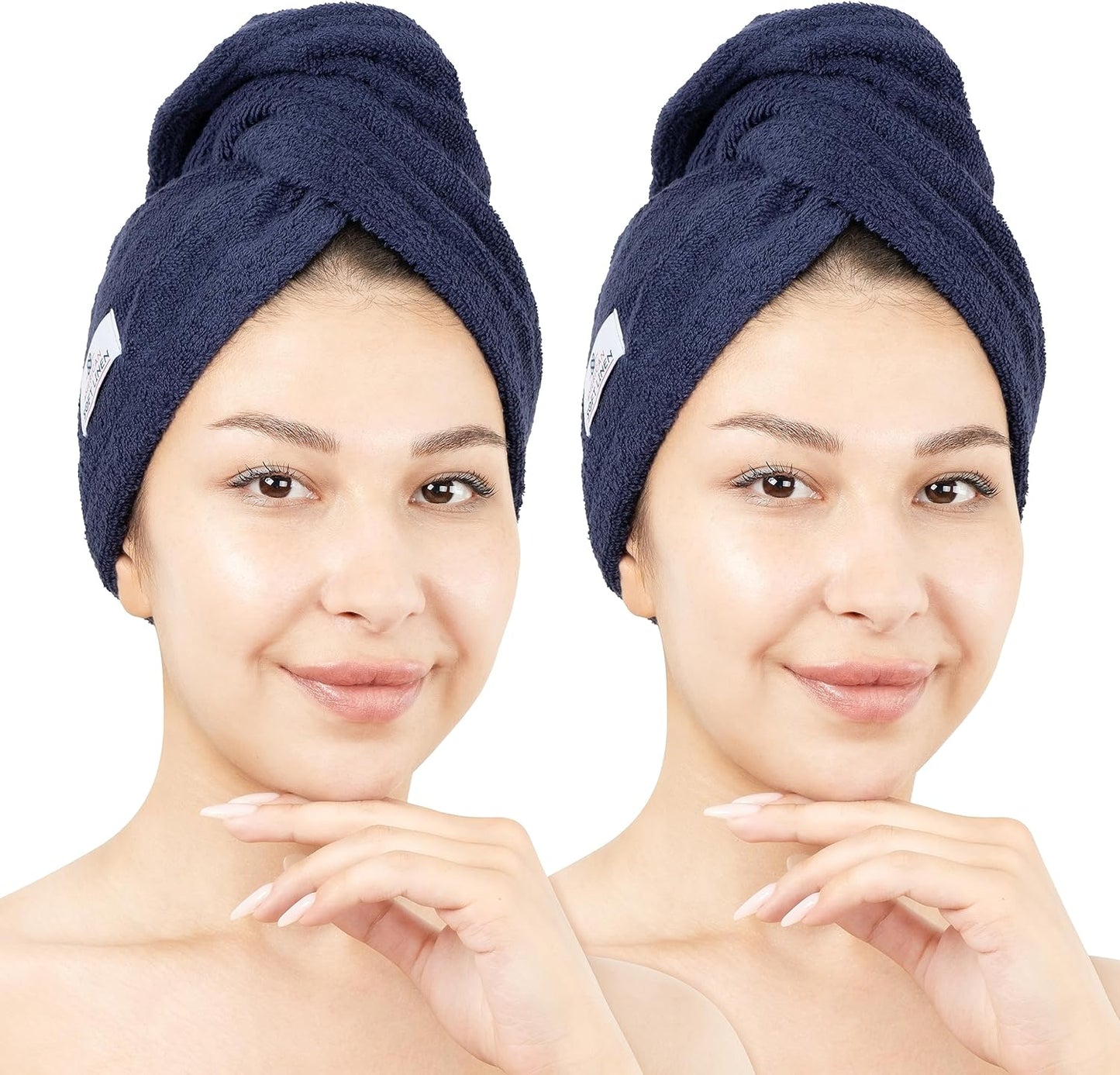American Soft Linen 100% Cotton Hair Towels for Women, Head Towel Cap, Cotton Hair Turban Towel Wrap for Long Curly Anti Frizz Hair, Soft and Absorbent Cotton Hair Towels 2 Pack, Navy Blue
