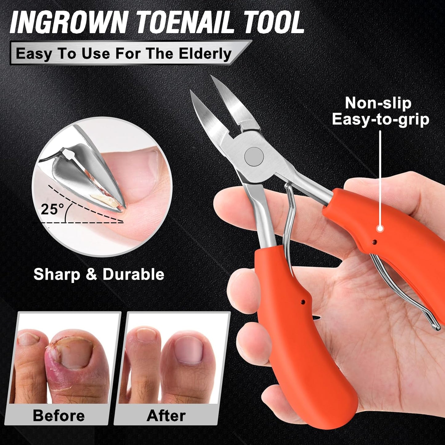 Toenail Clippers for Seniors Thick Toenails, Aucurwen Heavy Duty Toe Nail Clippers Adult Thick Nails Long Handle, Large Toenail Clippers for Thick Nails 7Pcs(Orange)