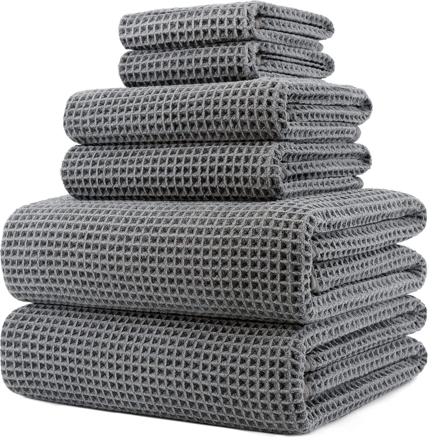 POLYTE Oversize, 60 x 30 in., Quick Dry Lint Free Microfiber Bath Towel Set, 6 Piece (Waffle Weave)
