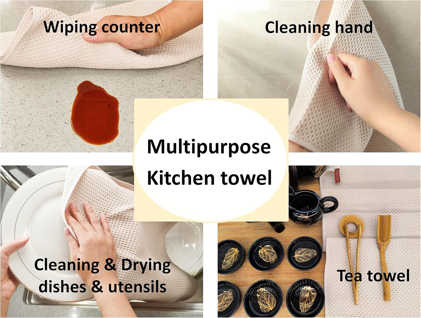 Kitchen Hand Towels 100% Cotton Waffle Weave Dish Towel for Cleaning Drying - Extra Absorbent and Soft - 13 x 28 inch (Beige-6 Pack)