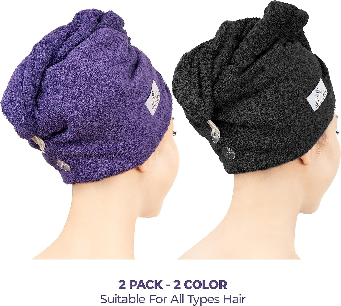 American Soft Linen 100% Cotton Hair Towels for Women, Head Towel Cap, Cotton Hair Turban Towel Wrap for Long Curly Anti Frizz Hair, Soft and Absorbent Cotton Hair Towels 2 Pack, Purple-Black