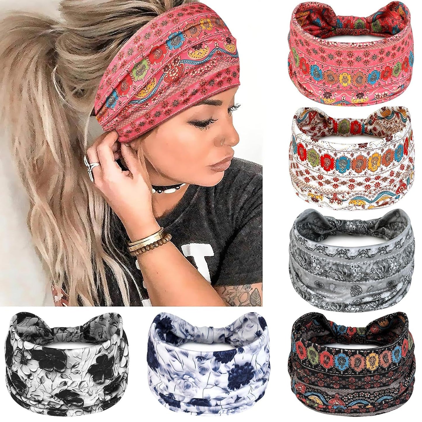 Wide Headbands for Women Knotted No Slip Head Bands Soft Turban Headband Hair Accessories Boho African Solid Color Head Wraps for Women Yoga Workout Pack of 6
