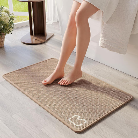 Ultra Thin Braided Bathroom Rugs Bath Mat Non Slip Washable, Rubber Backing Super Absorbent Thin Bathroom Rug Fit Under Door, Quick Dry Entrance Bath Rug Shower Floor Mat, Brown 20"x32"