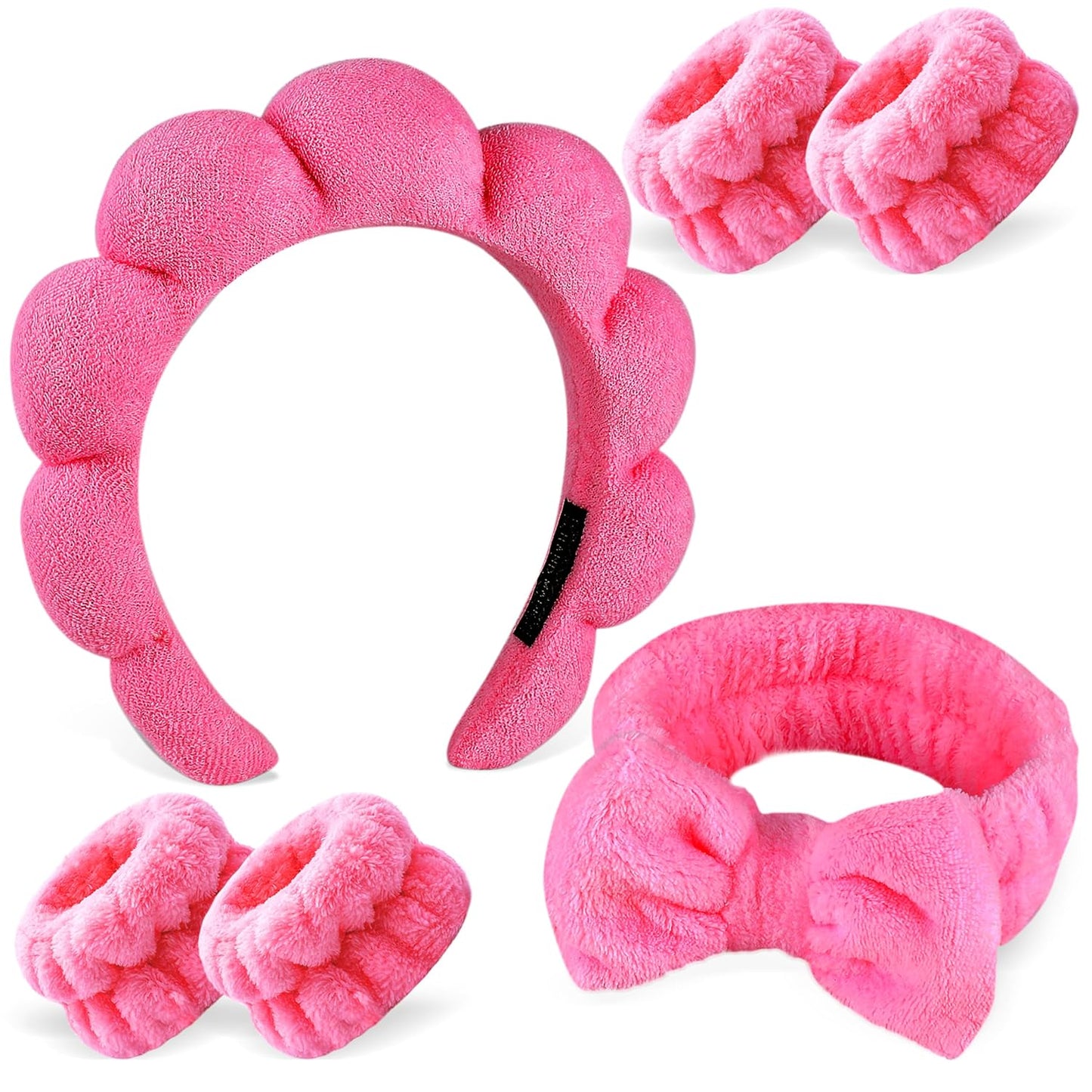 Zkptops 6Pcs Spa Headband for Washing Face Wristbands Set Women Bubble Skincare Makeup Sponge Terry Cloth Padded Puffy Headband Bow Tie Hairband Cute Non Slip Thick Hair Accessory Gifts (Rosy Red)