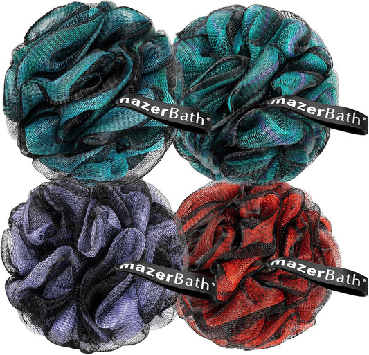 AmazerBath Charcoal Loofah Sponge, Large Shower Loofah 75g/PCS - Body Scrubber Loofa Set of 4 - Charcoal Blue, Green, Purple & Red, Bath Sponge for Men and Women
