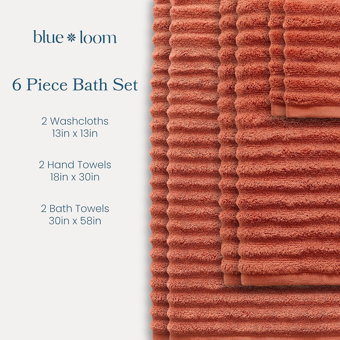 Blue Loom Ribbed Bath Towels Set, 100% Cotton 600GSM, Soft Absorbent Durable 2 Bath Towels, 2 Hand Towels, 2 Wash Cloths for Bathroom - Mason (58" x 30" inch Towels) (Terracotta, 6 Piece)