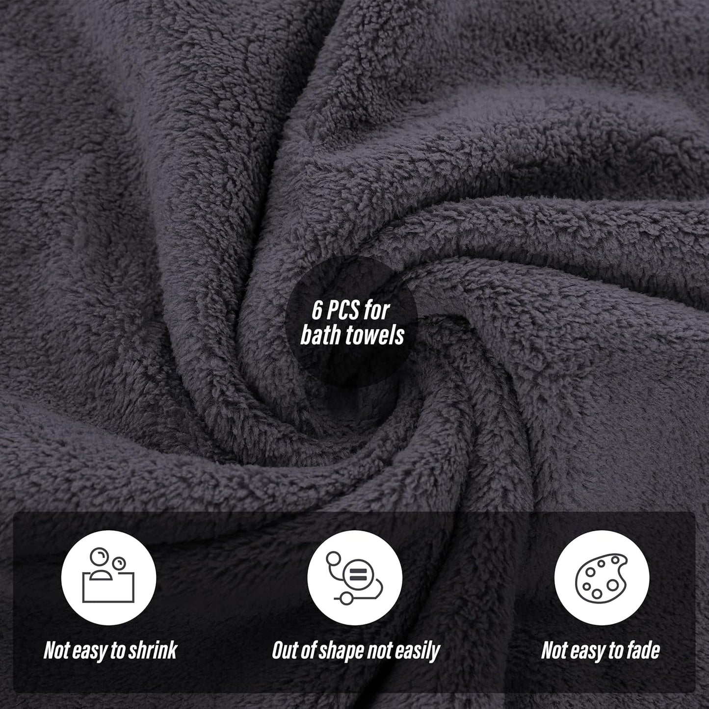 MOONQUEEN 6 Pack Premium Bath Towel Set - Quick Drying - Microfiber Coral Velvet Highly Absorbent Towels - Multipurpose Use as Bath Fitness, Bathroom, Shower, Sports, Yoga Towel (Dark Grey)