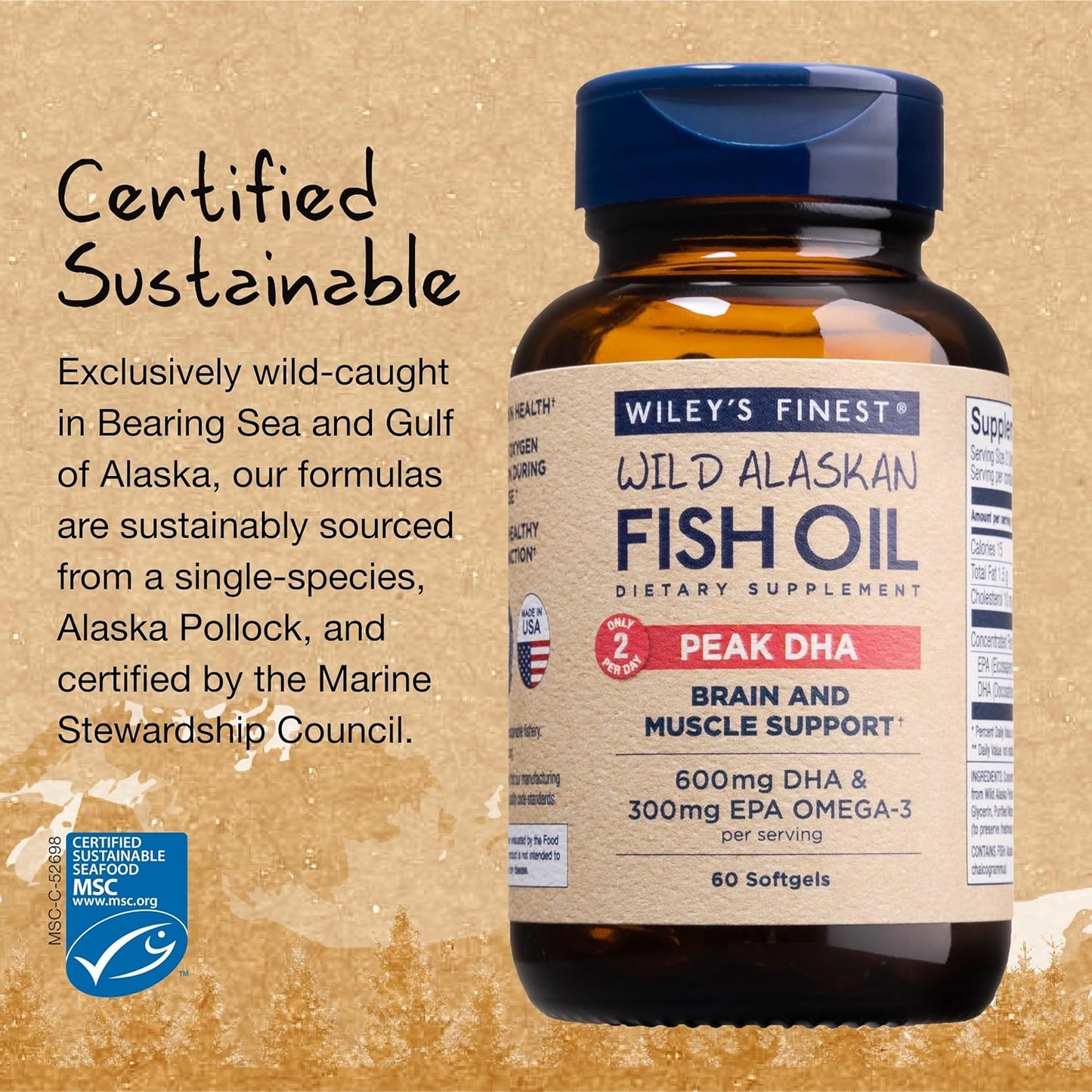 Wiley's Finest Wild Alaskan Fish Oil Peak DHA - 900mg EPA and DHA Omega-3s - 60 Softgels (30 Servings)