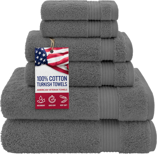Hotel & Spa Quality Super Absorbent & Soft, Cotton, 6 Piece Turkish Towel Set for Kitchen & Decorative Bathroom Sets Includes 2 Bath Towels 2 Hand Towels 2 Washcloths, Charcoal Grey