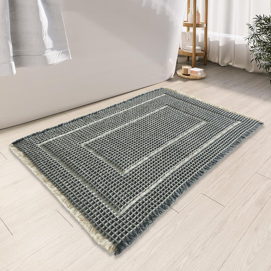 Bath Matts - Upgraded Waffle Super Absorbent, Non Slip Washable, Quick Dry Shower Mats, Ultra Soft for Bathroom Floor, Bluish Grey & Yellow, 24"*36