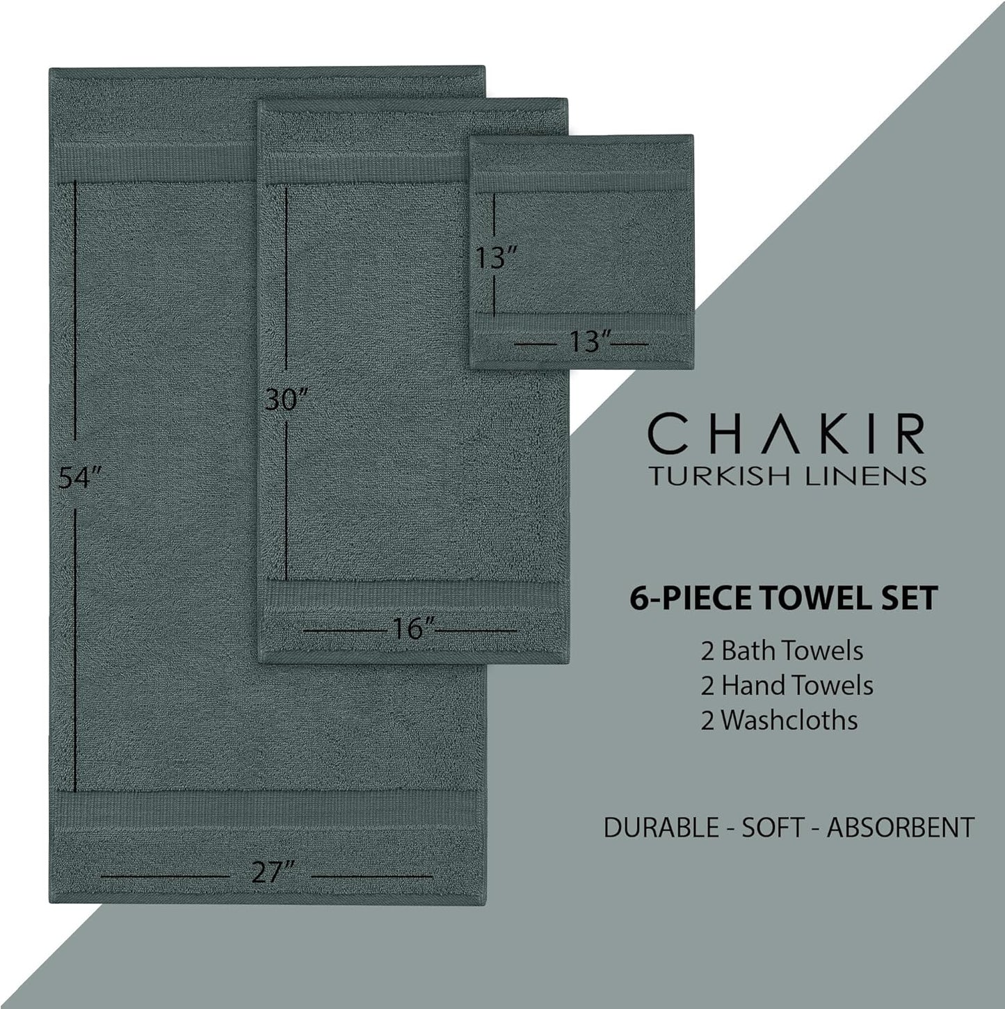 Chakir Turkish Linens |Hotel & Spa Quality 100% Cotton Premium Turkish Towels | Soft & Absorbent (Dark Gray, 6-Piece Towel Sets)