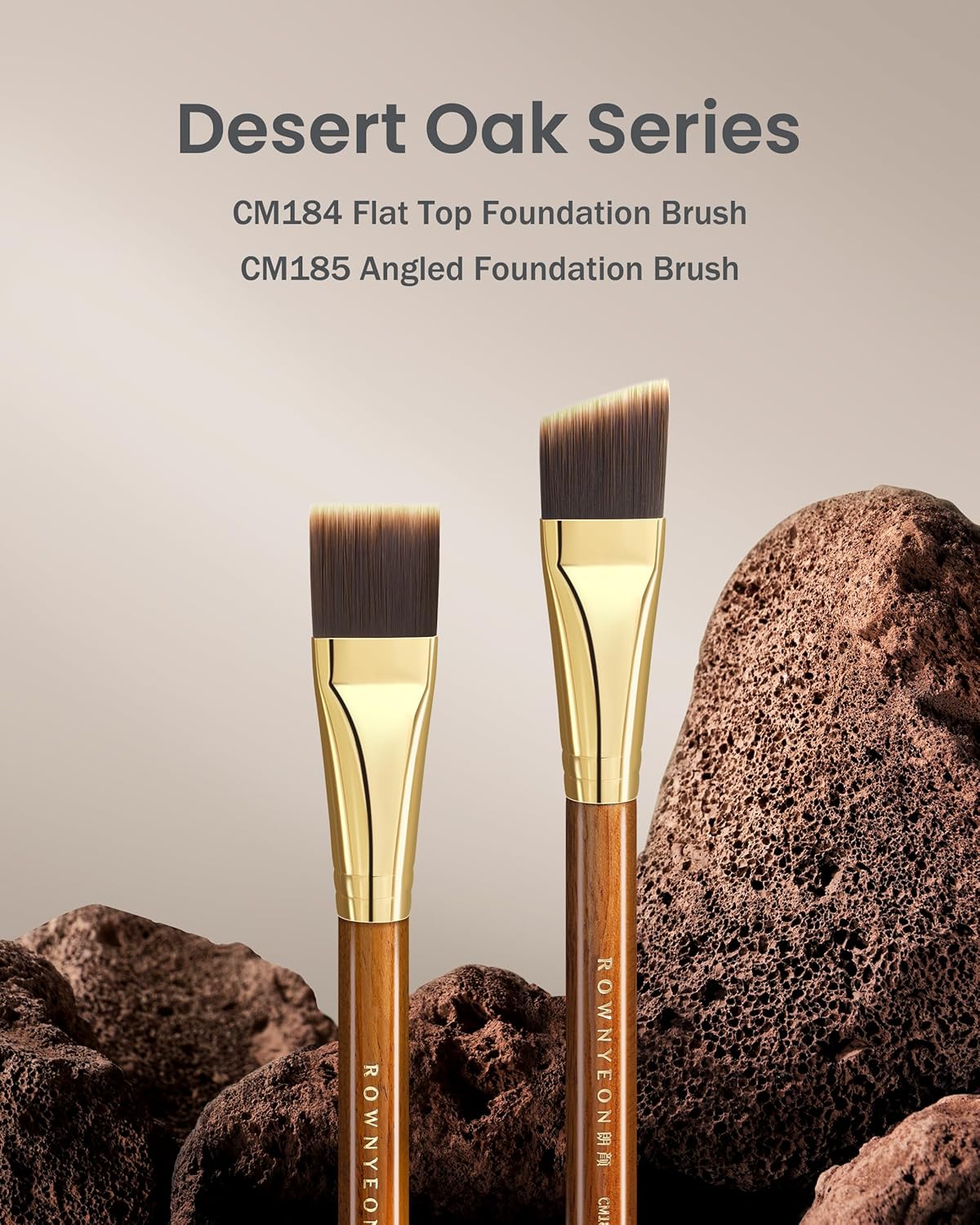 Desert Oak Series Foundation Master Duo Brush Set - CM 184 Liquid Flat Top & CM 185 Cream Angled Brush for All Foundation Types, Bubinga & Brass