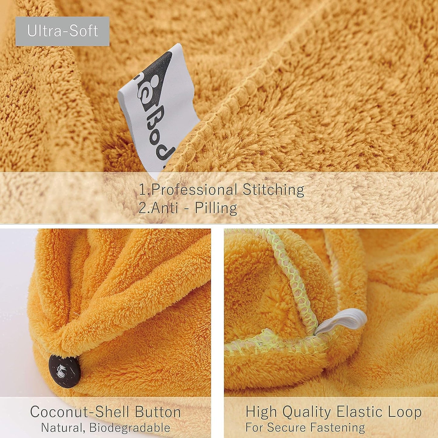 myHomeBody Hair Towel Wrap, Luxury Quick Drying Turban, Ultra Soft Absorbent Charcoal Fiber Cap, with Coconut Shell Button– Mango