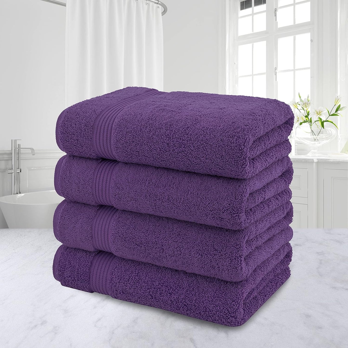 American Veteran Towel, 100% Cotton Turkish Bath Towels for Bathroom 4 Pack, 27x54 Extra Large Premium Soft Drying Bathroom Towels, Purple