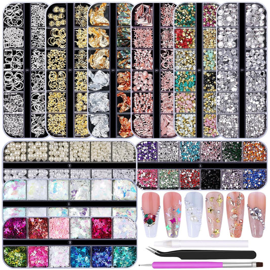 10 Boxes Nail Art Kit - 12 Colors Pointed/Flatback Rhinestones, 3D Gold/Silver/Rose Nail Studs, White Beige Half Pearls, Holographic Glitter & Foils + 3 Tools for DIY Nail Art Jewels & Crafts