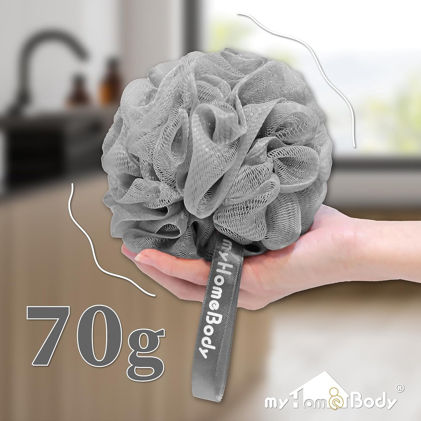 myHomeBody Large 70g Loofah Sponge, Body Scrubber, Bath Sponge, Loofah for Women, Men, Exfoliating Sponge Shower Pouf with Activated Charcoal - 2 Ultimate Gray + 1 Illuminating Yellow, 3 Pack