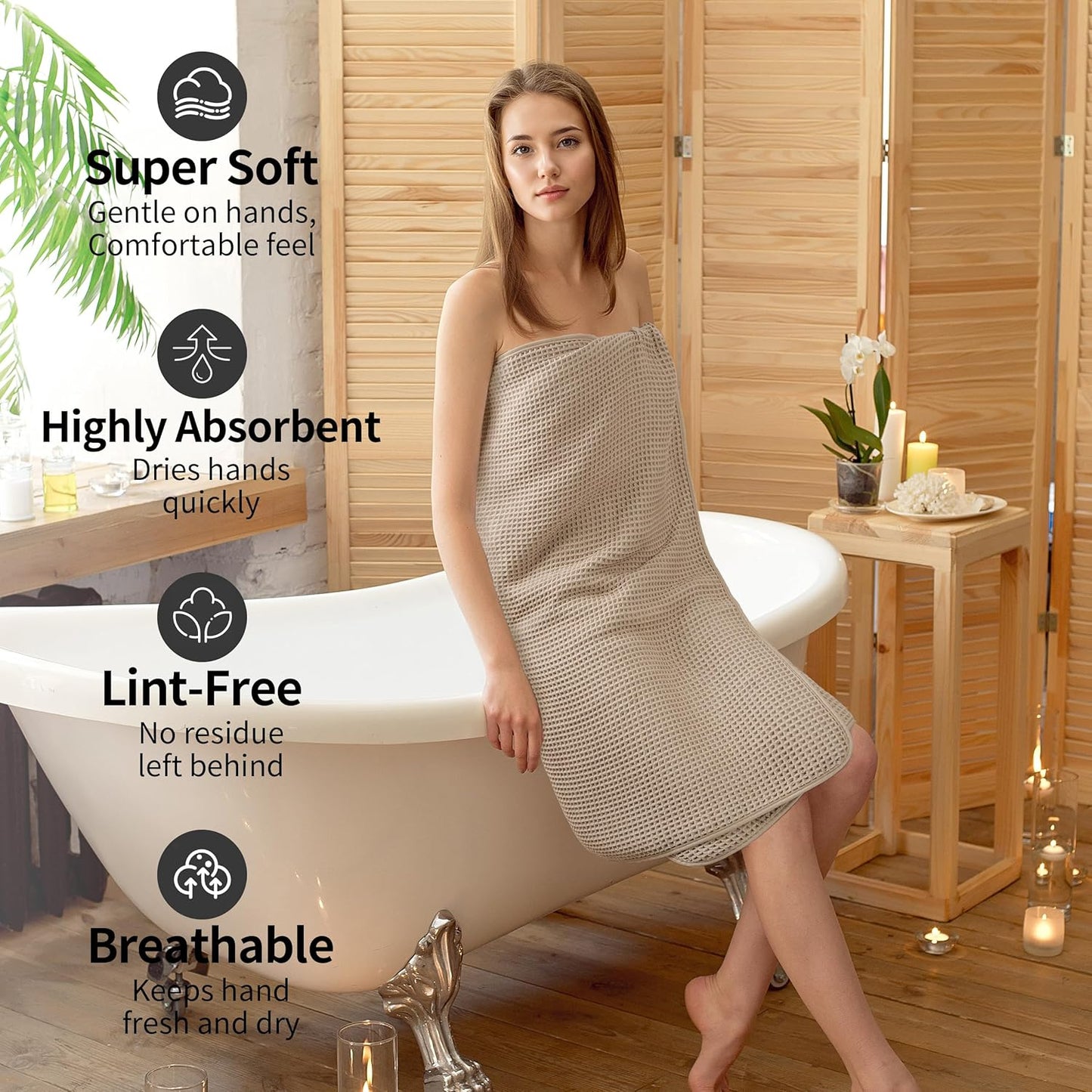 New Microfiber Waffle Bath Towels, 2 Pieces, Oversized, Soft, Absorbent, Fast Drying, Lint Free (Beige+White)