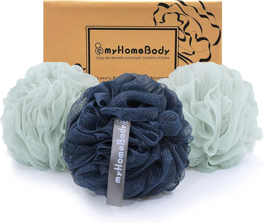 myHomeBody Large 70g Loofah Sponge, Body Scrubber, Bath Sponge, Loofah for Women, Men, Exfoliating Sponge Shower Pouf with Activated Charcoal - 2 Sea Foam Green + 1 Navy Blue, 3 Pack