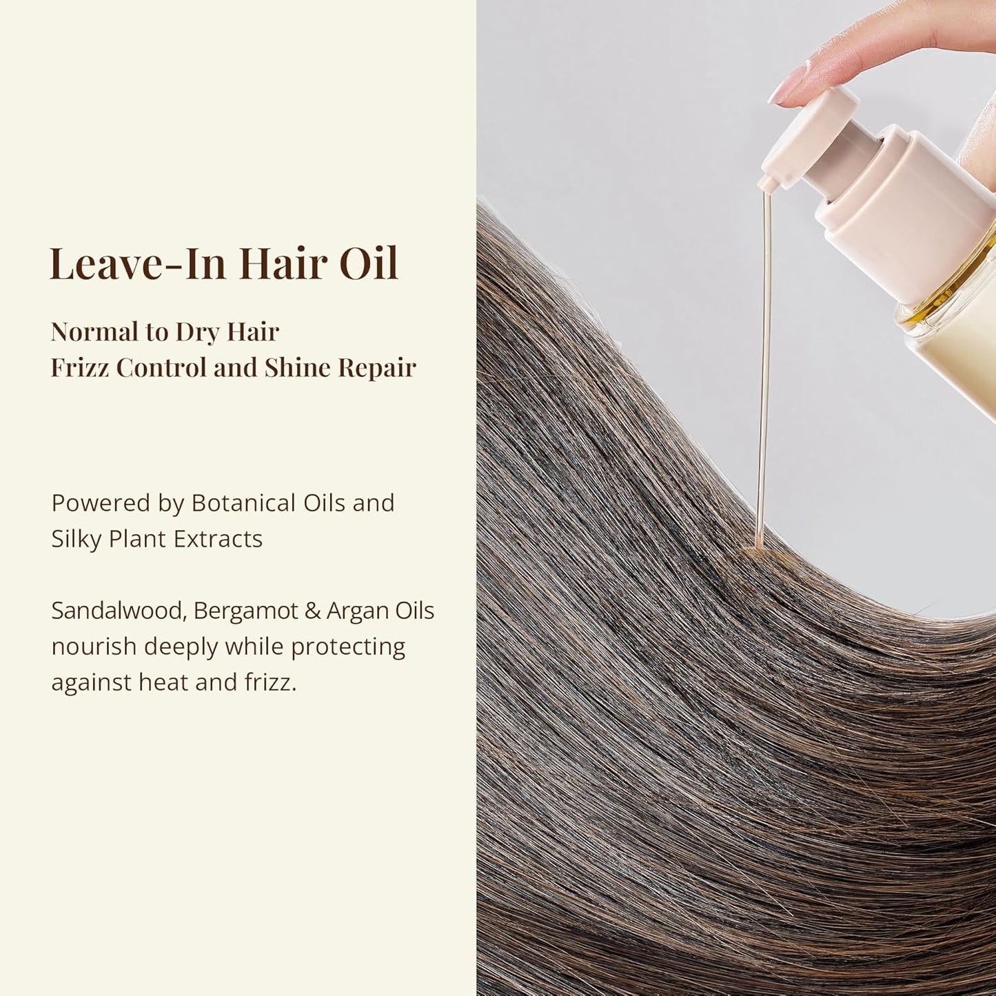 Leave-In Hair Oil with Sandalwood & Bergamot Essential Oils – Lightweight Frizz Control, Shine Enhancer & Heat Protection for Daily Hair Care – No-Rinse Oil, 3.4 fl oz (100ml)