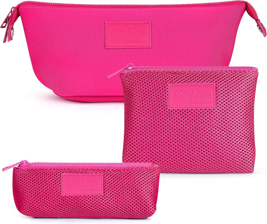Kat Myhr Neoprene Washable Travel Makeup & Cosmetic Bag Set, 2 Air Mesh Pouches,100% Neoprene Toiletry Bag, Large Water Resistant Travel Bag for Toiletries, Makeup Cosmetic Travel Bag (Fuchsia Pink)