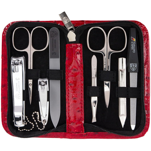 3 Swords Germany - brand quality 8 piece manicure pedicure grooming kit set synthetic leather case red ostrich - Made in Germany