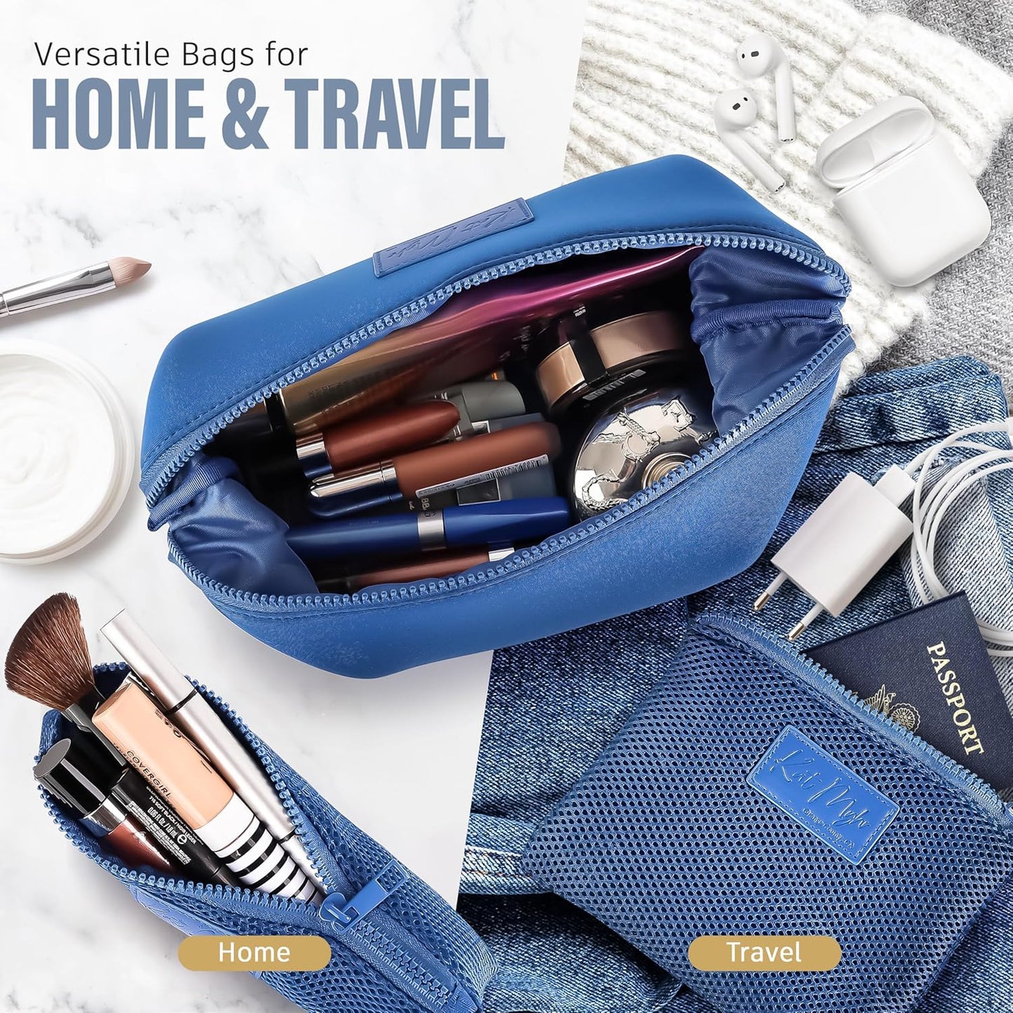 Kat Myhr Neoprene Washable Travel Makeup & Cosmetic Bag Set, 2 Air Mesh Pouches,100% Neoprene Toiletry Bag, Large Water Resistant Travel Bag for Toiletries, Makeup Cosmetic Travel Bag (Royal Blue)