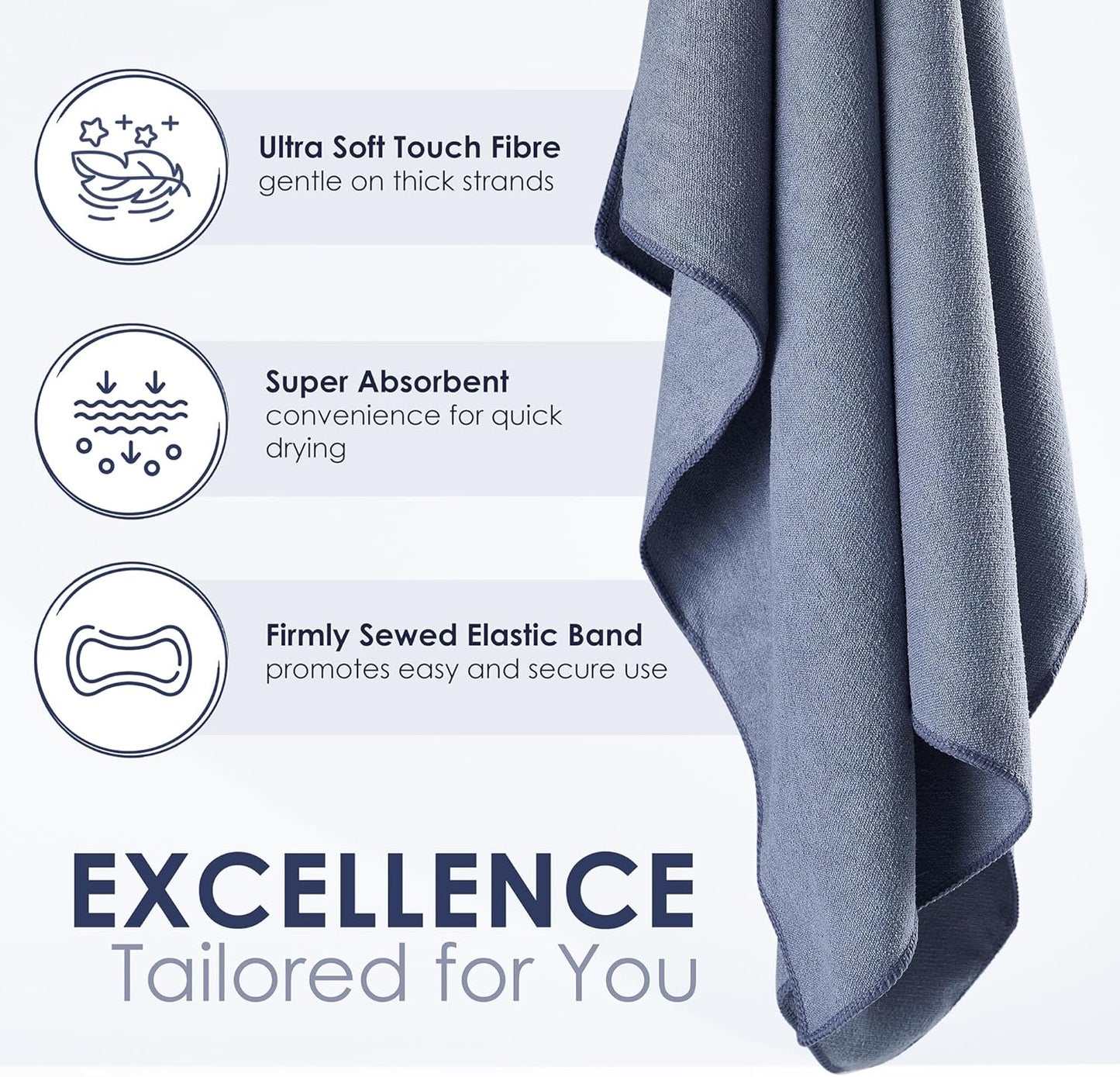 Large Microfiber Hair Towel Wrap for Women (27x40 Inches). Anti Frizz Rectangle Drying Towel with Elastic Band for Long, Curly, and Thick Hair. Includes Reusable Carry Bag (Grey)