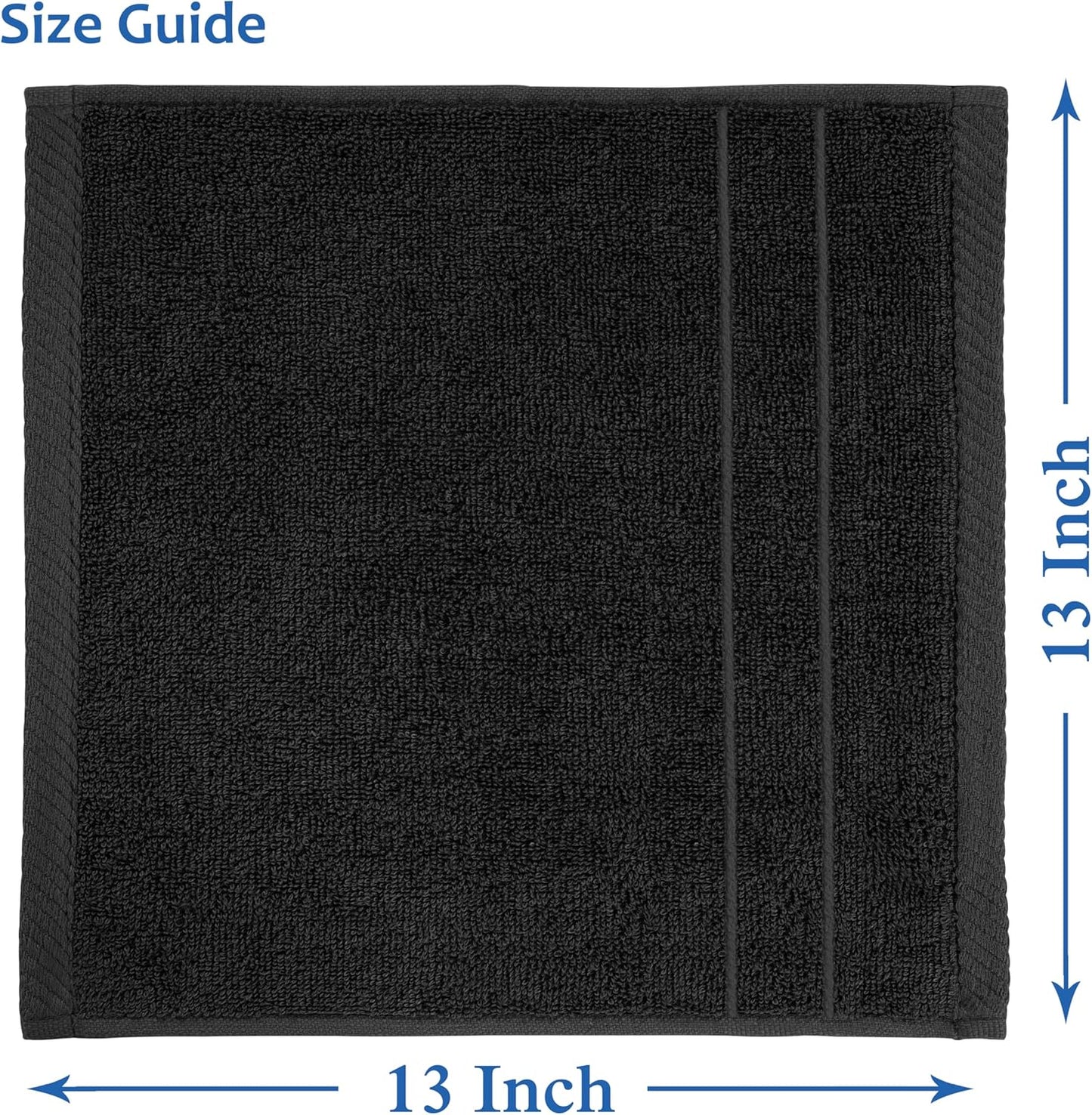 Casa Platino 100% Cotton Washcloths 12 Pack - Spa & Salon Quality Face Towels - Ring Spun, Soft & Absorbent Wash Cloths for Body, Beauty, Home, Gym - Fingertip Towels Set- 13"x13", Black Towel Set