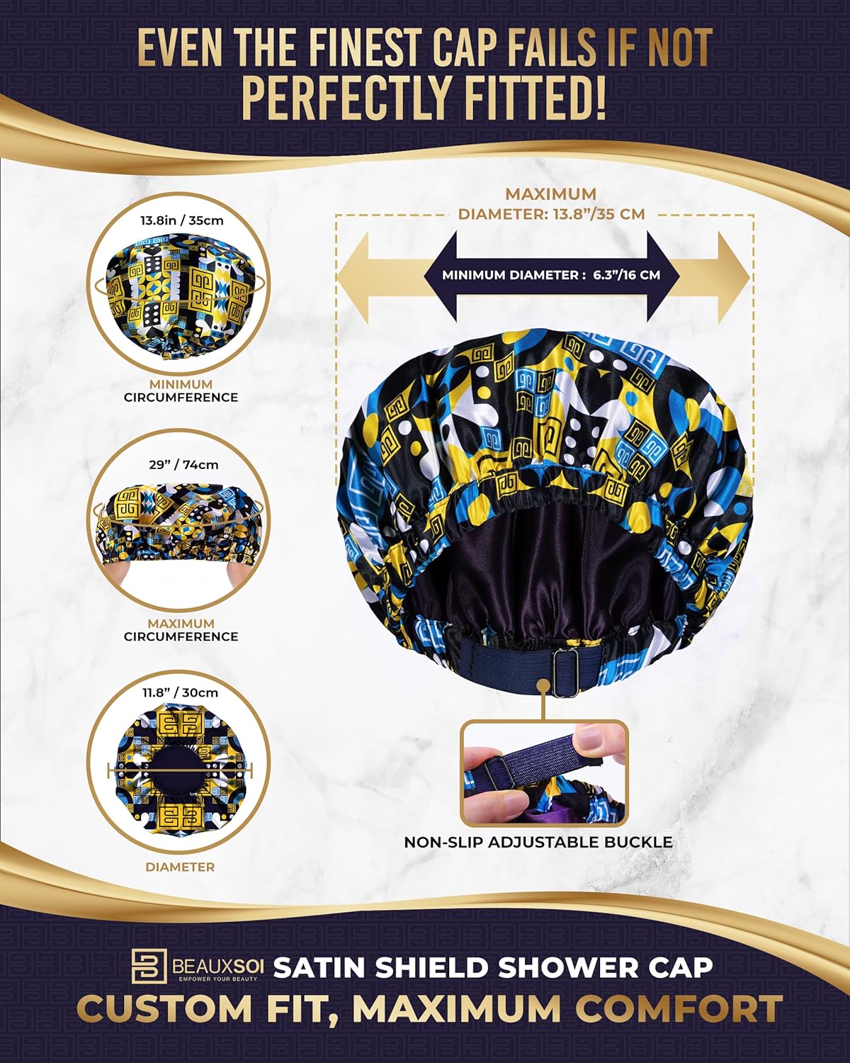 Luxury Reusable Waterproof Shower Cap for Women - Satin Lined, Adjustable - Keeps Hair Dry, Durable Hair Bonnet by BEAUXSOI (African Majesty)