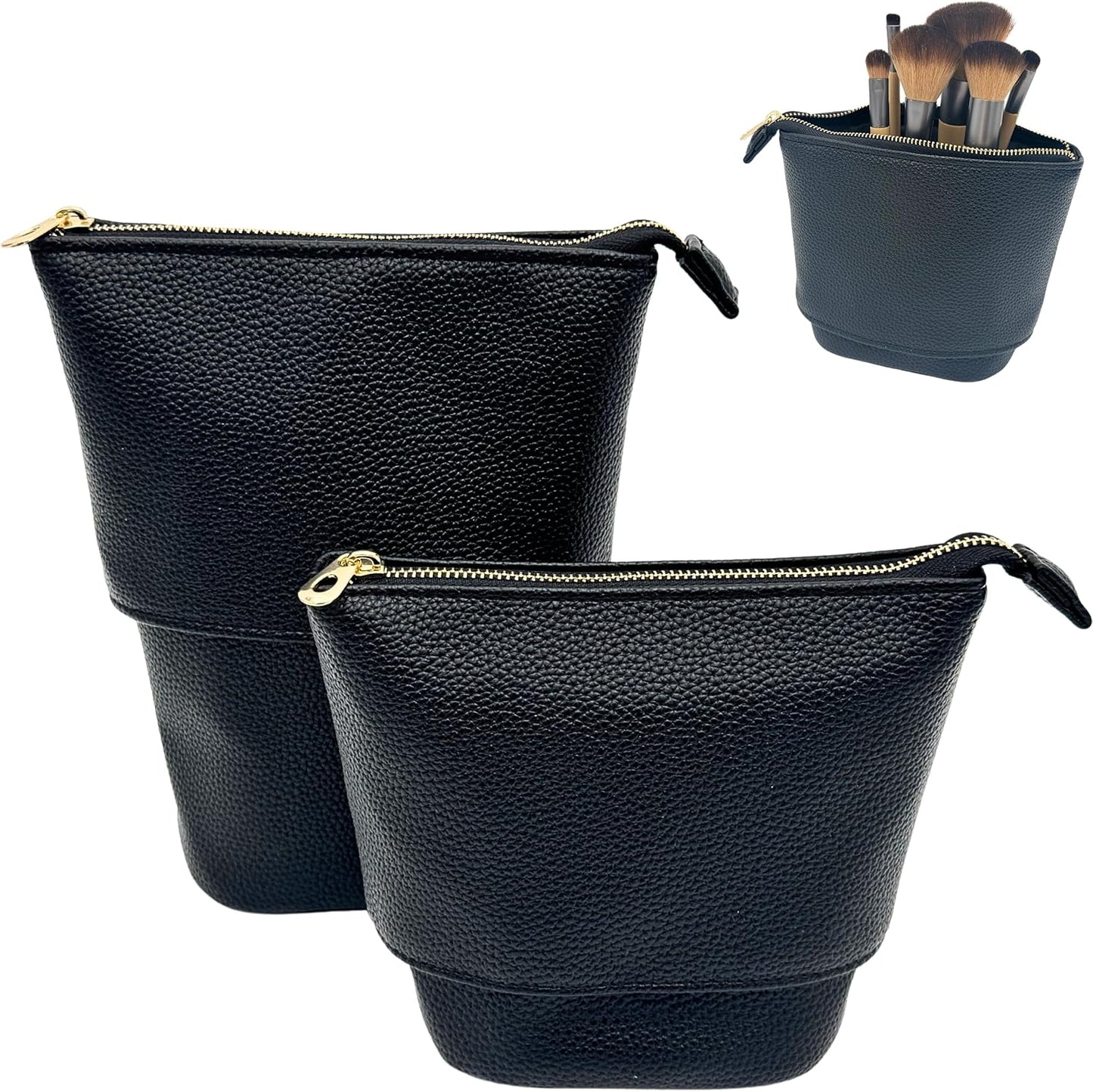 JAZD Convertible Travel Makeup Brush Bag, Stand-Up Brush Holder Pouch For Easy Access, Cosmetic Case Organizer (BLACK)