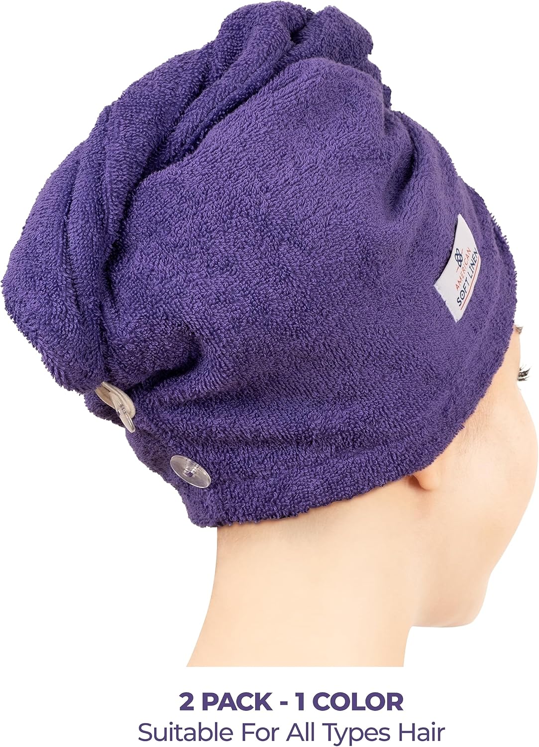 American Soft Linen 100% Cotton Hair Towel Cap and Wrap for Long Curly Anti Frizz Hair, Absorbent 2 Pack, Purple