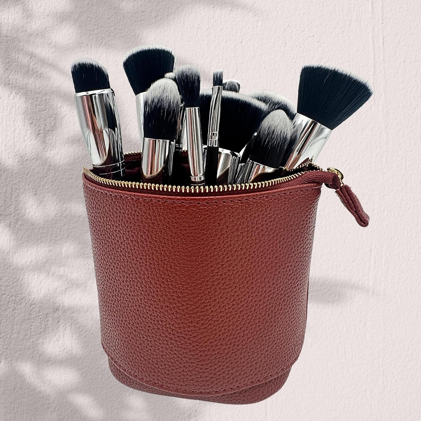 JAZD Travel Makeup Brush Bag Standup Brush Holder Portable Convertible Make up Brush Pouch Cosmetic Case (BURGUNDY)