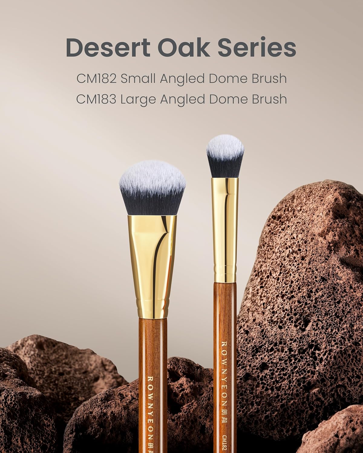 Desert Oak Series Cream Cheek Duo Brush Set - CM 182 Precision Highlighter & CM 183 Angled Blush Brush for Cream/Liquid Products, Bubinga Handle & Brass Ferrule
