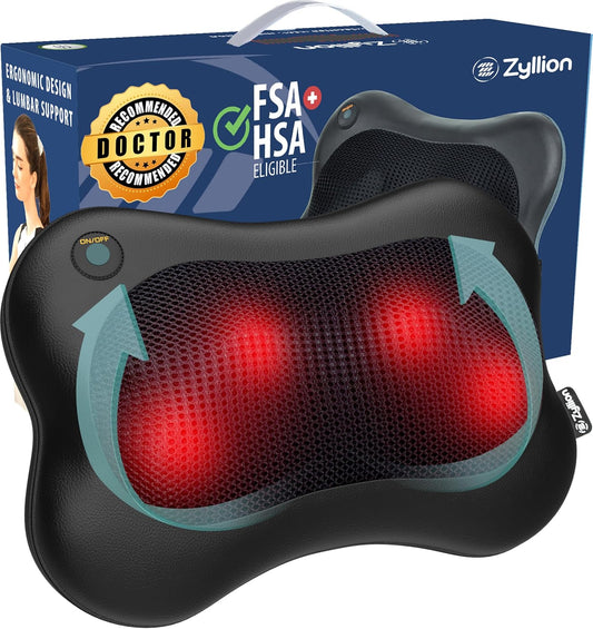 Zyllion Shiatsu Back and Neck Massager with Heat - Cordless Rechargeable 3D Electric Kneading Deep Tissue Massage Pillow for Muscle Pain Relief, Black, ZMA-13RB