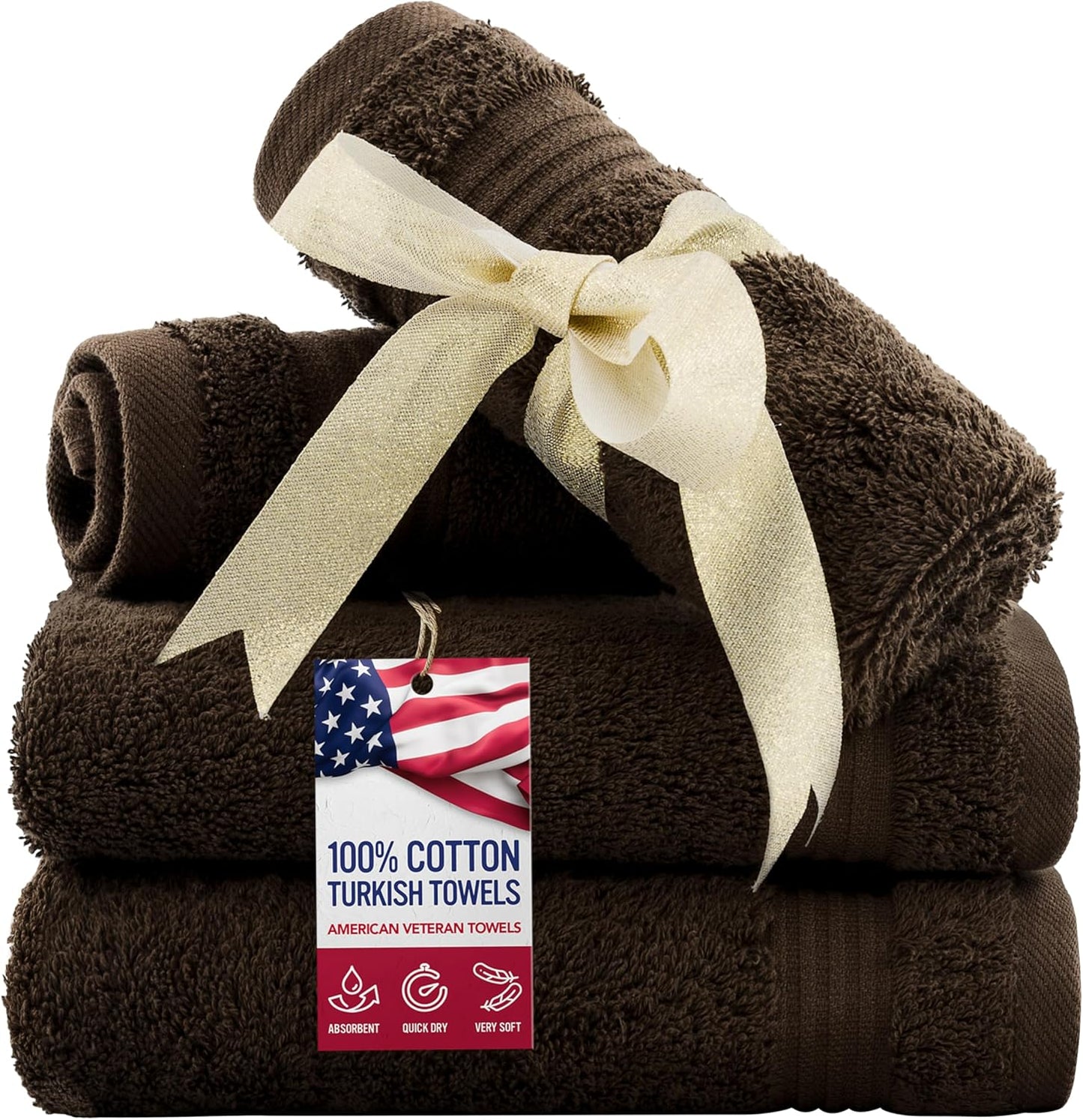 American Veteran Towel, 100% Cotton Turkish Washcloths for Bathroom Essentials 4 Pack, Soft Absorbent Wash Cloths Quick Drying Small Towels Washrags, Brown
