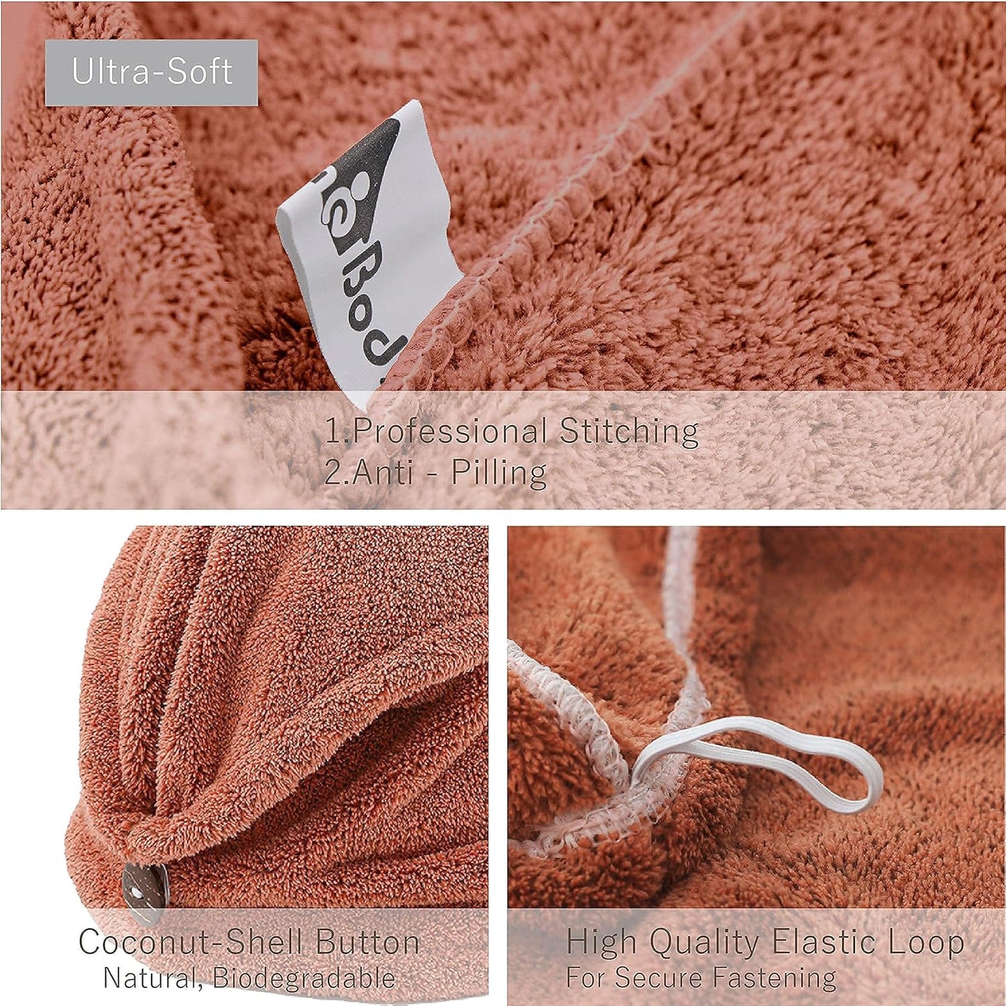 myHomeBody Hair Towel Wrap, Luxury Quick Drying Turban, Ultra Soft Absorbent Charcoal Fiber Cap, with Coconut Shell Button – Cinnamon