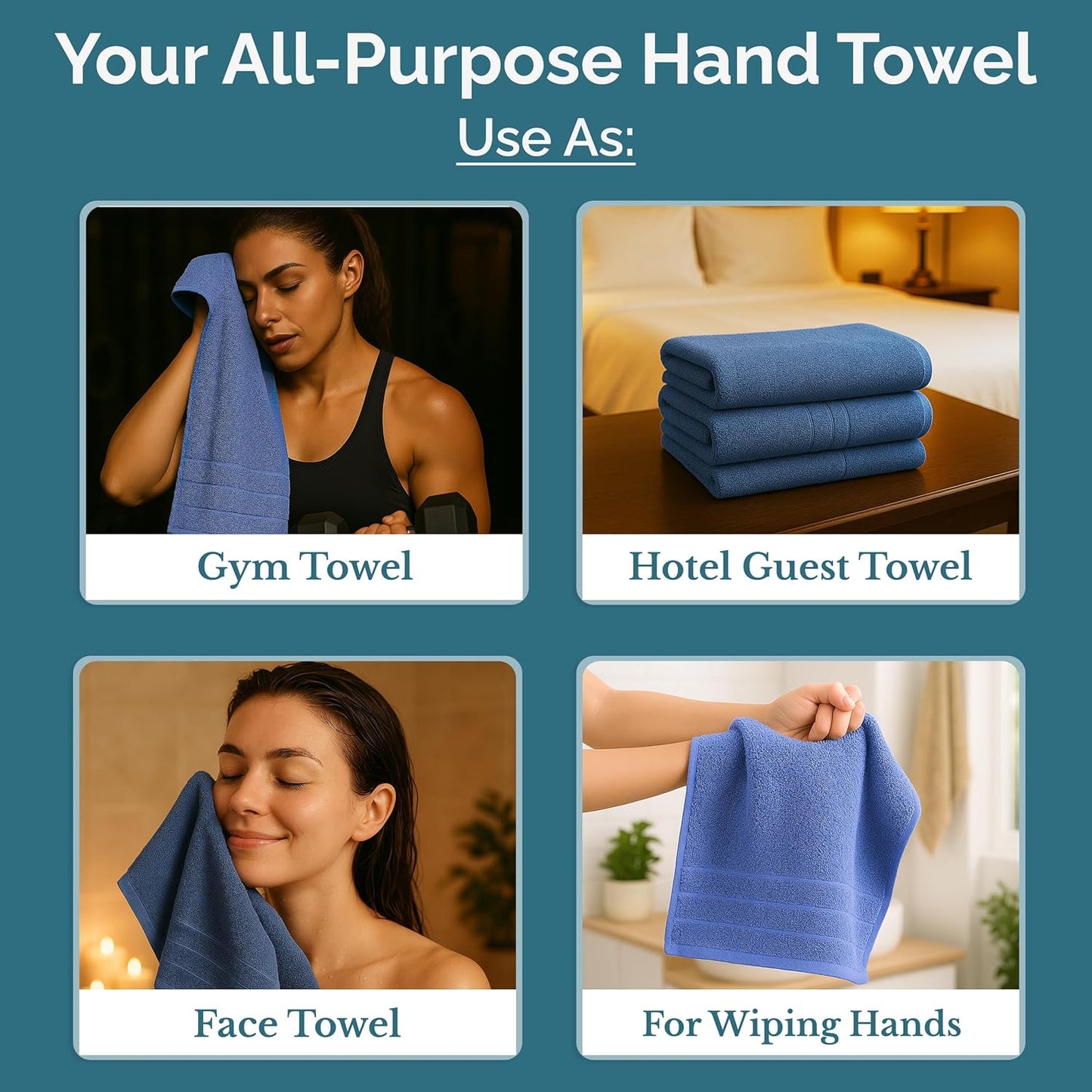 Casa Platino 100% Cotton Hand Towels for Bathroom Set of 4 (16"x28") - Spa & Hotel Quality - Ring Spun - Quick Dry, Soft & Absorbent Bath Hand Towel 4 Pack - Suitable for All Skin Type - Cerulean Blue