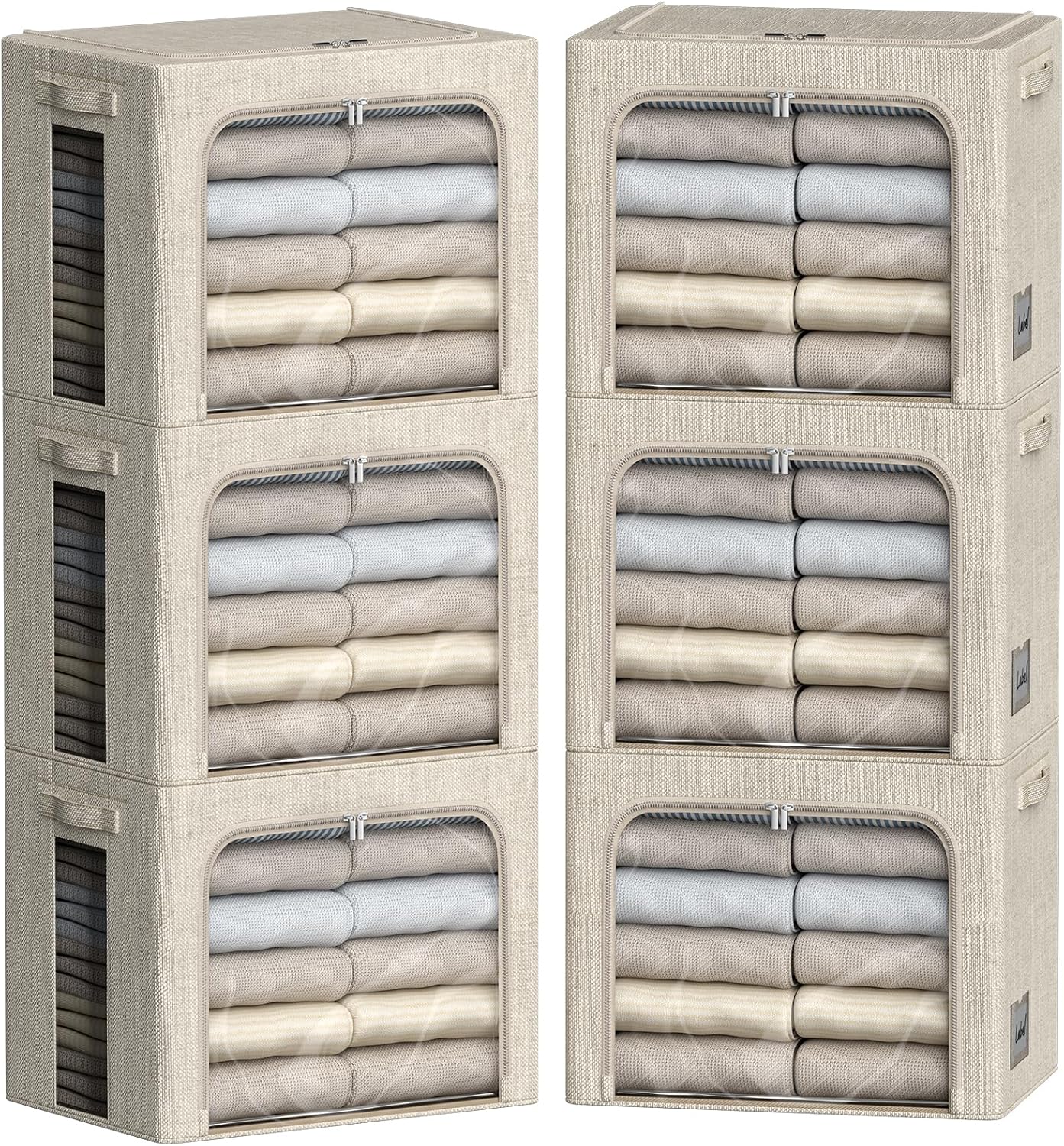 FHSQX 6 Pack Clothes Storage Bins with Metal Frame Foldable Storage Bins for Clothes Linen Fabric Storage Box with Clear Window (Beige, 15.7x11.8x11.8inch(36L))