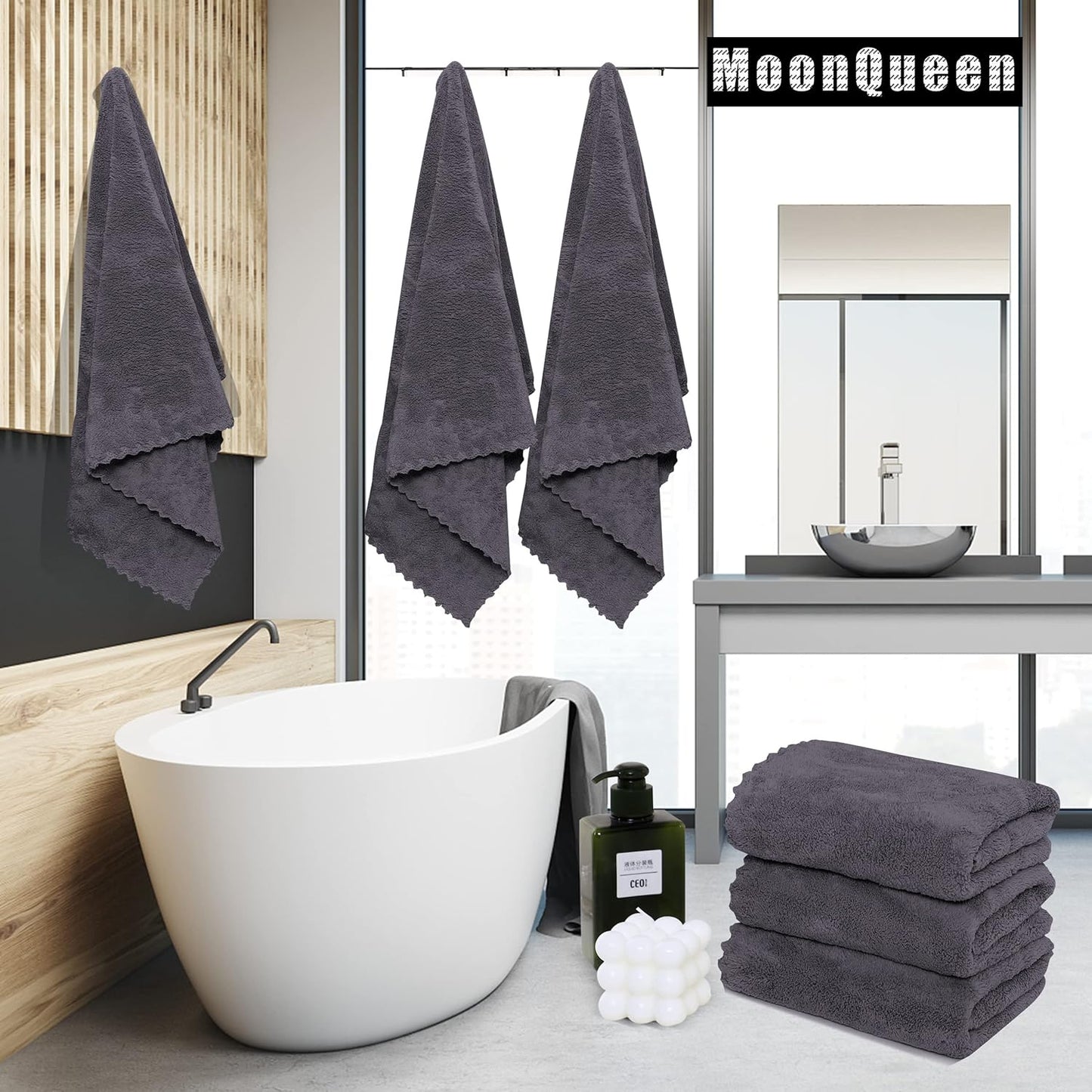MOONQUEEN 6 Pack Premium Bath Towel Set - Quick Drying - Microfiber Coral Velvet Highly Absorbent Towels - Multipurpose Use as Bath Fitness, Bathroom, Shower, Sports, Yoga Towel (Dark Grey)