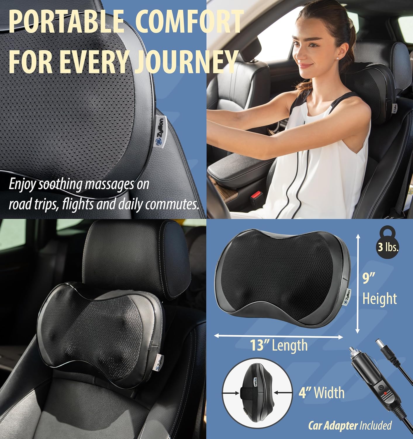 Zyllion Shiatsu Back and Neck Massager with Heat - 3D Electric Kneading Deep Tissue Massage Pillow with 8 Massaging Nodes for Muscle Pain Relief, Black, ZMA-25