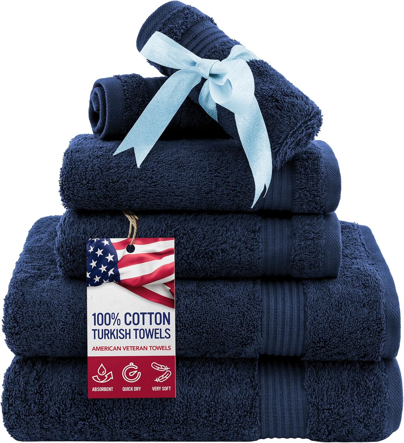 American Veteran Towel, 6 Piece Towel Set for Bathroom, 100% Cotton Turkish Bathroom Towels, 2 Bath Towels 2 Hand Towels 2 Washcloths, Navy Blue
