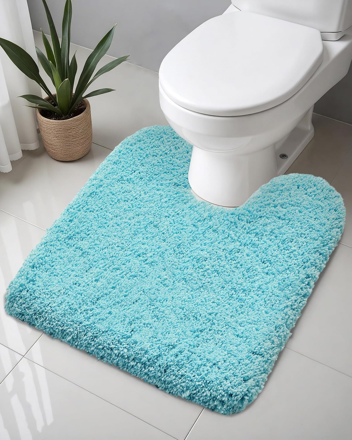 ILANGO Teal Toilet Rugs U Shaped 22" × 24" Non Slip & Super Absorbent Extra Thick Soft, Washable Bath Mats for Bathroom Floor, Microfiber Plush Shaggy Contour Bath Rugs for Toilet,Dry Quick