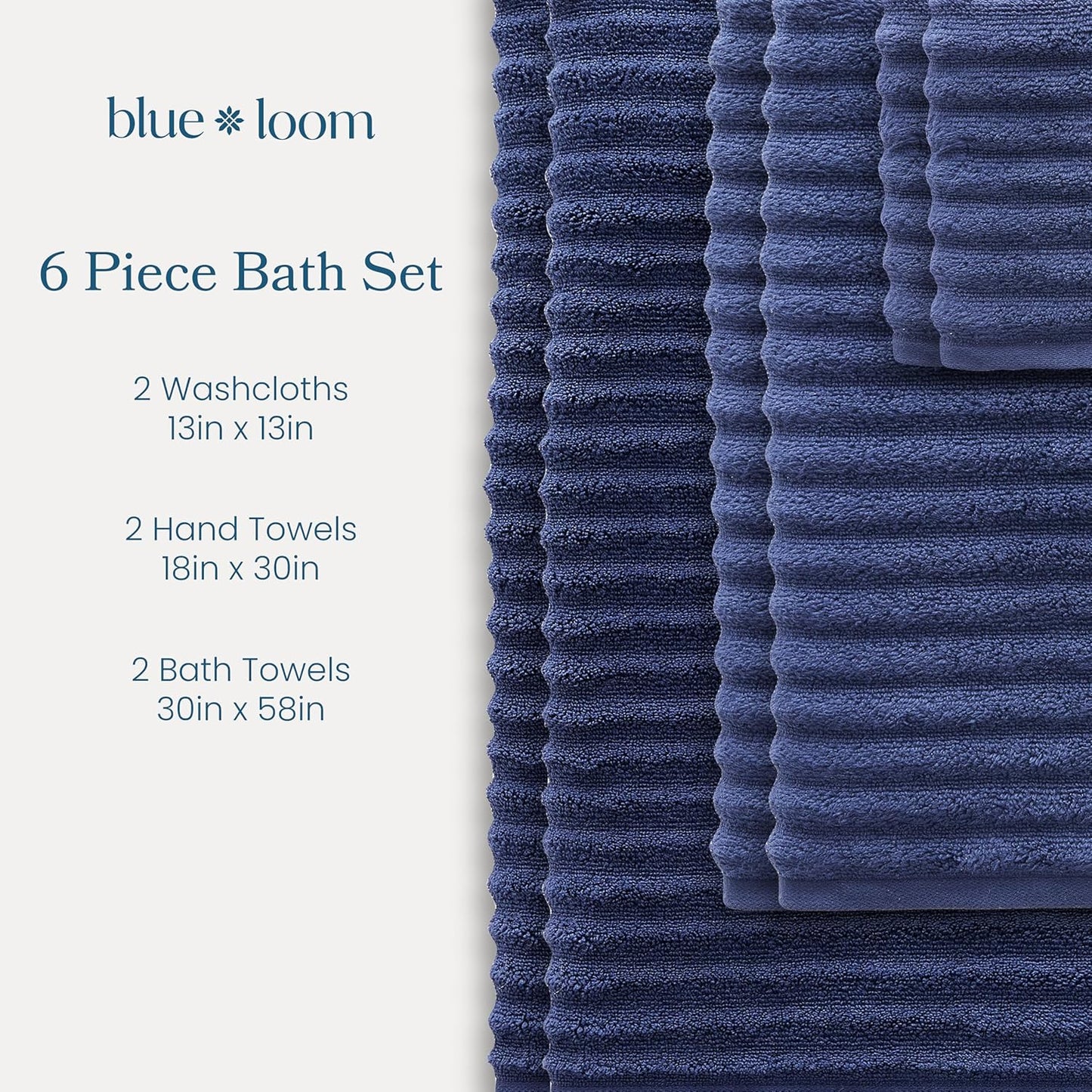 Blue Loom Ribbed Bath Towels Set, 100% Cotton 600GSM, Soft Absorbent Durable 2 Bath Towels, 2 Hand Towels, 2 Wash Cloths for Bathroom - Mason (58" x 30" inch Towels) (Navy, 6 Piece)