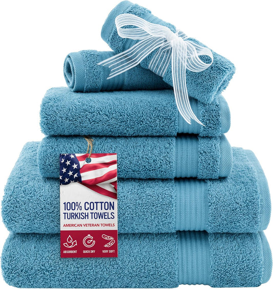 American Veteran Towel, 6 Piece Towel Set for Bathroom, 100% Cotton Turkish Bathroom Towels, 2 Bath Towels 2 Hand Towels 2 Washcloths, Sky Blue