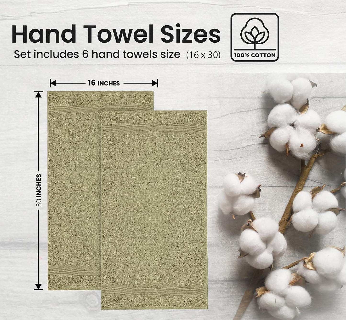 Premium Hand Towels Pack of 6 (16" x 30”) 100% Combed Ring Spun Cotton | Highly Absorbent Hand Towels Set | Ultra Soft for Home, Gym & Spa (Sage Green)