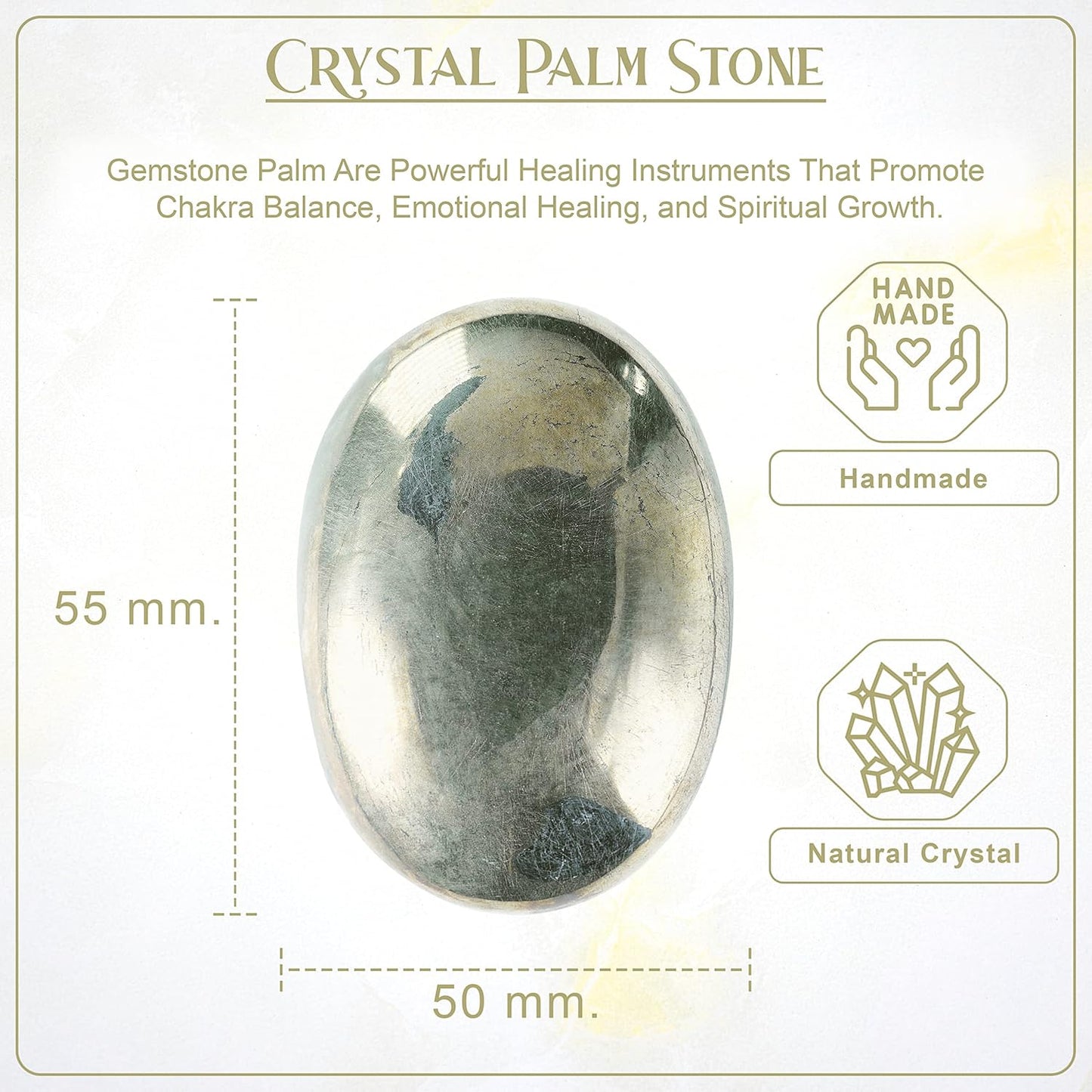 Crocon 50mm Golden Pyrite Large Palm Stone 900+ Carats Pocket Massage Worry Stones for Natural Chakra Balancing Reiki Healing Stones and Crystal Healing Massage Spa Energy Crystals Gifts for Women