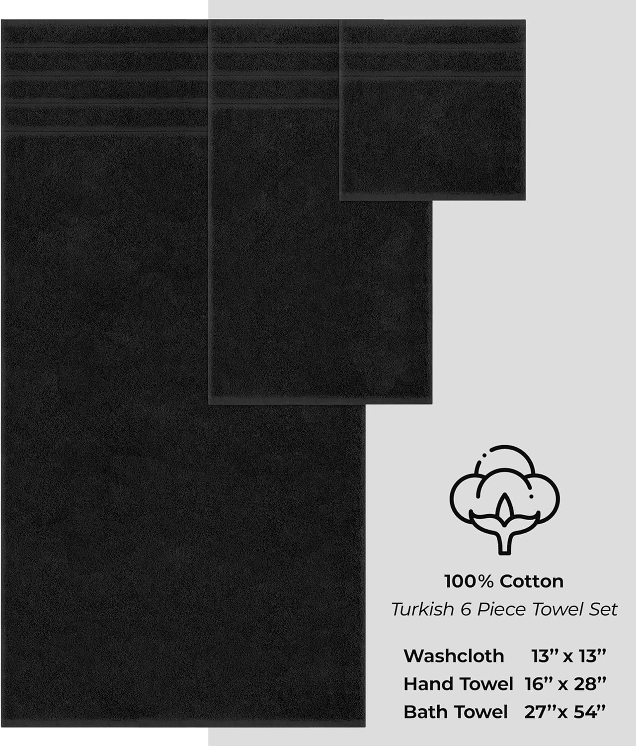 American Soft Linen Luxury 6 Piece Towel Set, 2 Bath Towels 2 Hand Towel 2 Washcloths, 600 GSM 100% Cotton Turkish Towels for Bathroom, Black Towel Sets