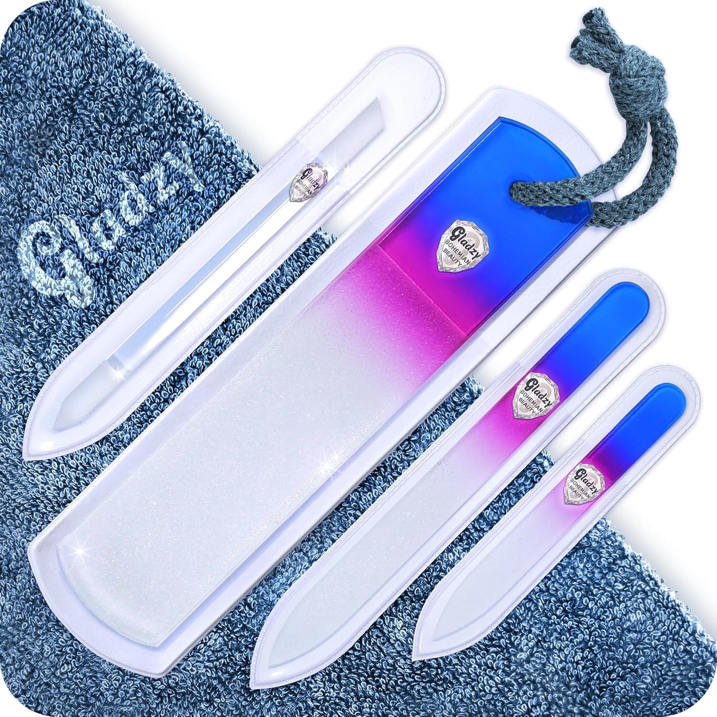 GLADZY Genuine Czech Glass Nail File Set - Callus Remover Foot Rasp, Cuticle Pusher Manicure Stick, Double Sided Etched Different Grit Surface, Professional Nail Care Tool, Made in EU