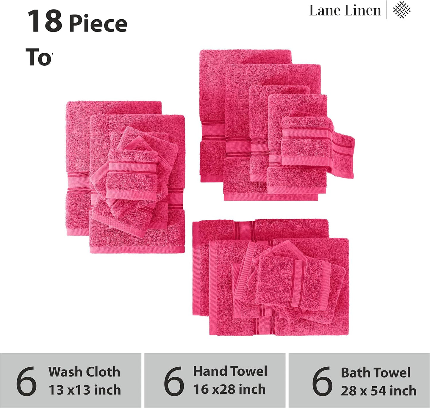 LANE LINEN 100% Cotton Luxury Bathroom Towel Set - 18 Pcs - Zero Twist, Quick Dry, Super Soft & Highly Absorbent - 6 Bath Towels, 6 Washcloths, 6 Hand Towels - Pre Shrunk & Fade Resistant - Fuschia