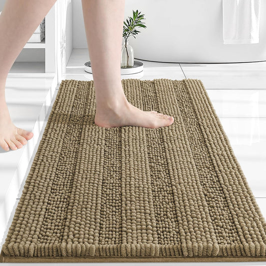 Grandaily Chenille Striped Bathroom Rugs 24x16, Extra Thick and Absorbent Bath Mats, Non-Slip Soft Plush Shaggy Shower Carpet, Machine Wash Dry, Bath Rug for Bathroom, (Small, Tan)